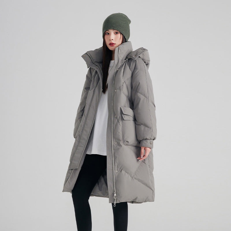 Hochwertiger, warmer, schlankmachender Pinghu-Mantel aus weißer Entendaunen für Damen