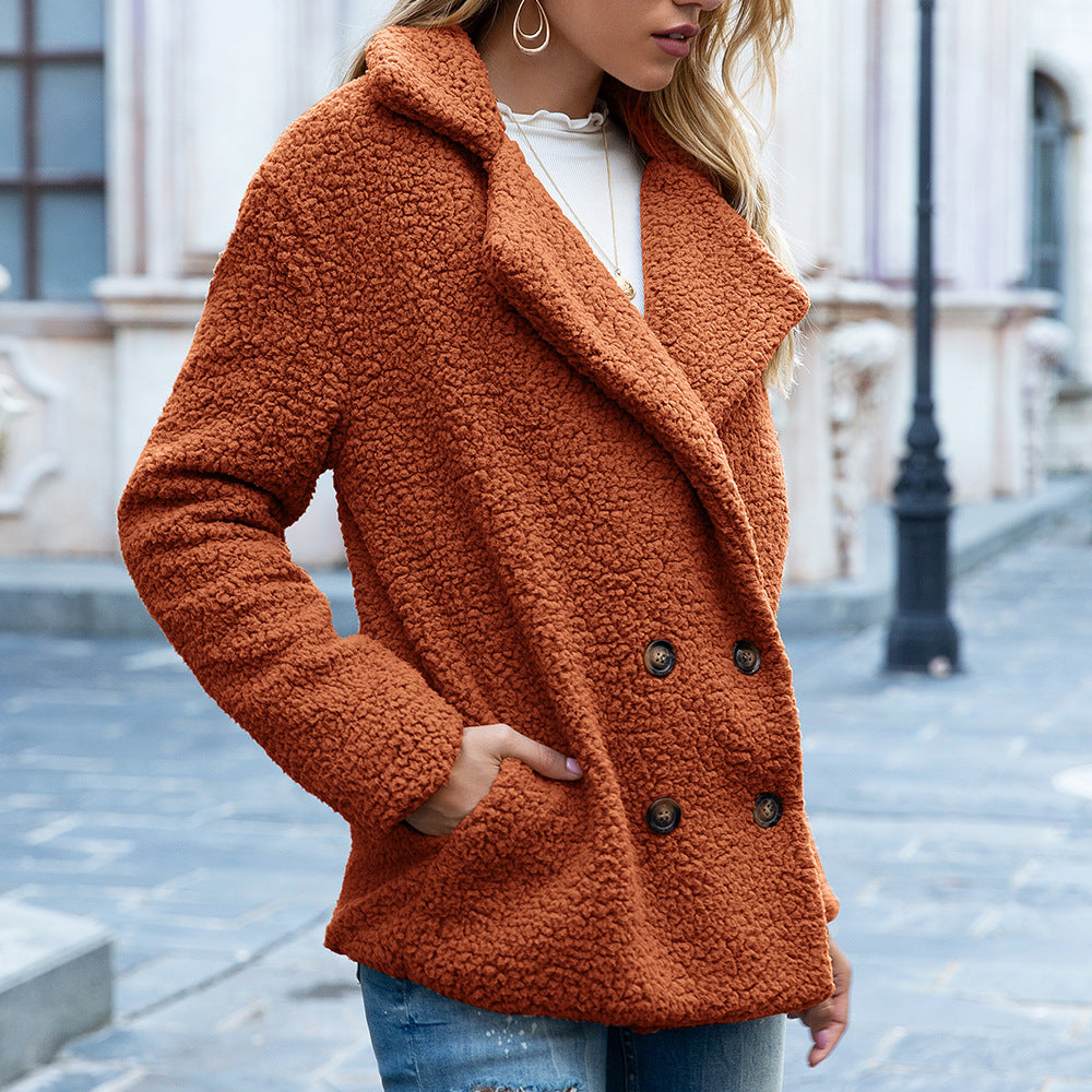 Chaqueta de invierno con botones y solapa suelta y esponjosa, tipo cárdigan, para mujer