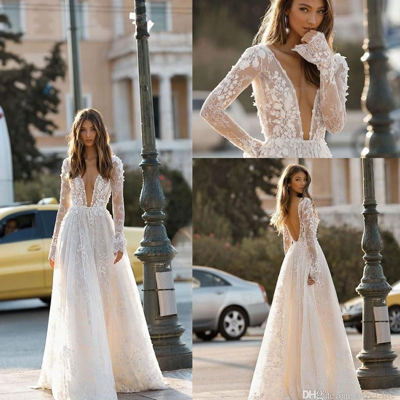 Damen Hochzeitskleid Spitze Langarm Dinner Party Kleid