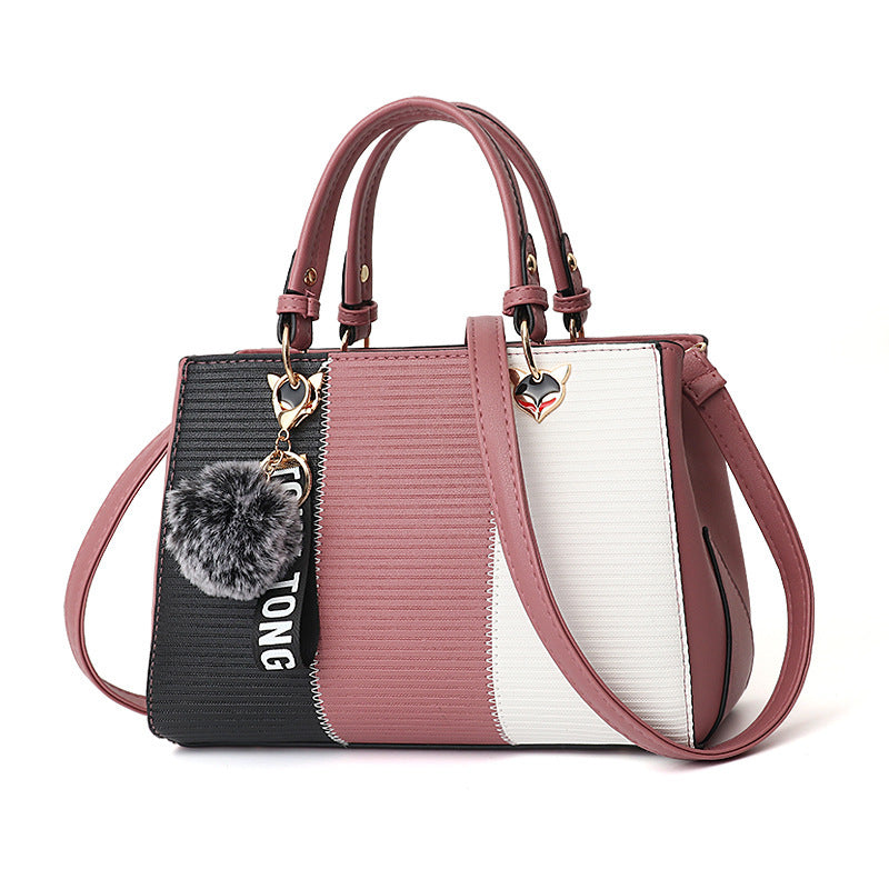 Bolso de mano con adornos de bolas de pelo para mujer, tipo patchwork, para fiesta, tipo mensajero, tipo bandolera, para hombro