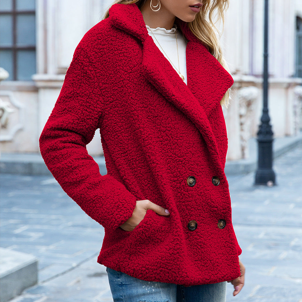 Chaqueta de invierno con botones y solapa suelta y esponjosa, tipo cárdigan, para mujer