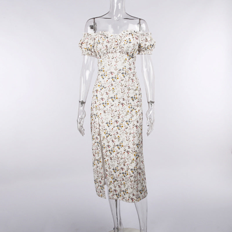 Vestido largo con hombros descubiertos y mangas abullonadas con estampado floral para mujer