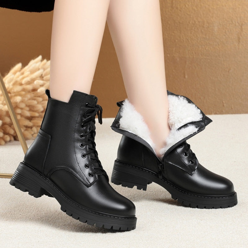 Zapatos casuales de piel de vaca con punta redonda, acolchados de algodón y cremallera lateral y tacón bajo para mujer