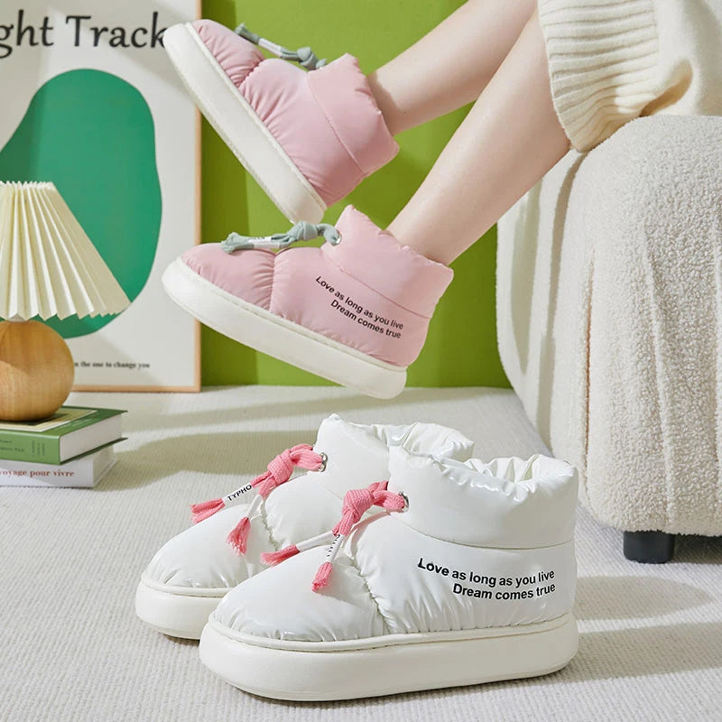 Botas de nieve de felpa gruesas e impermeables para mujer, zapatos de algodón con cordón de invierno para interior y exterior, cómodas y cálidas con suela suave