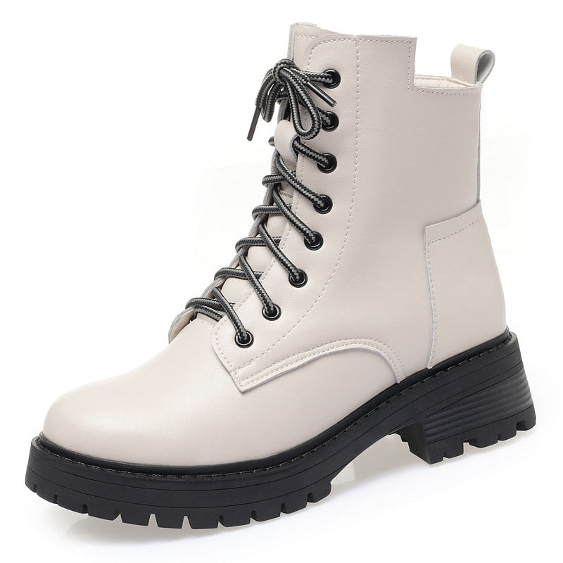 Zapatos casuales de piel de vaca con punta redonda, acolchados de algodón y cremallera lateral y tacón bajo para mujer