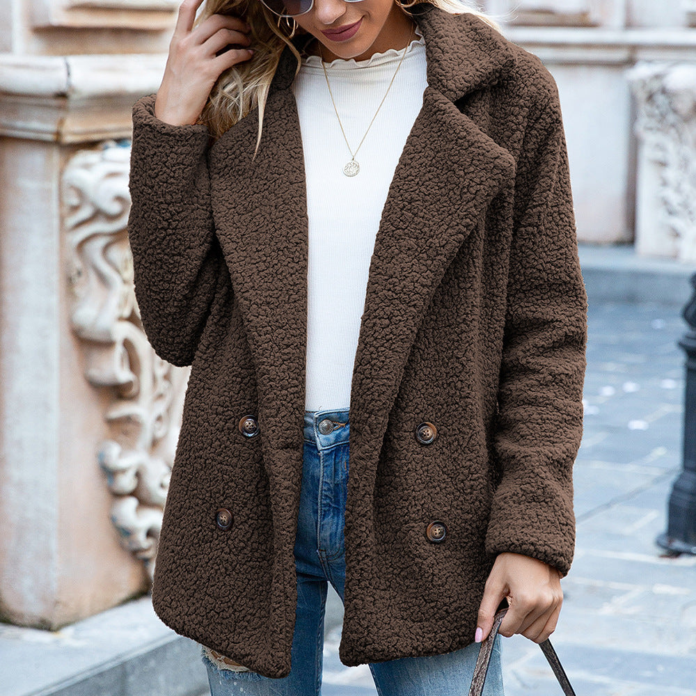 Chaqueta de invierno con botones y solapa suelta y esponjosa, tipo cárdigan, para mujer