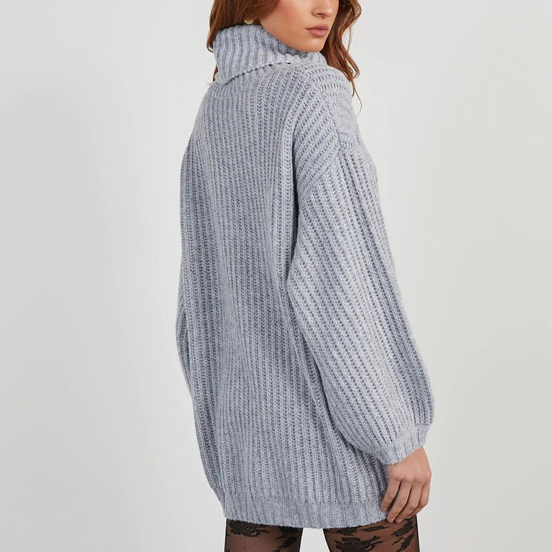 Einfarbiger Rollkragenpullover mit langen Ärmeln und lockerem Kleid