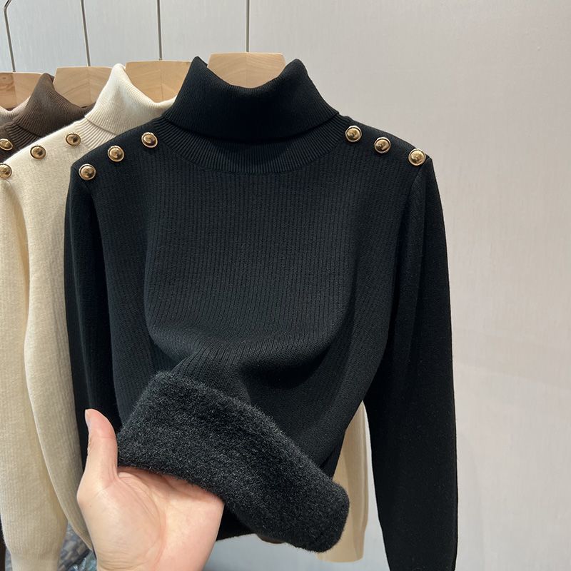 Single-layer Fleece-lined Micro Velvet Lined Turtleneck Bottoming Shirt