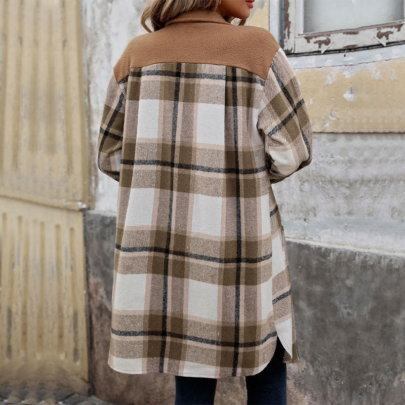 Neu Gebürstet Plaid Langen Mantel Mit Taschen Mode Winter