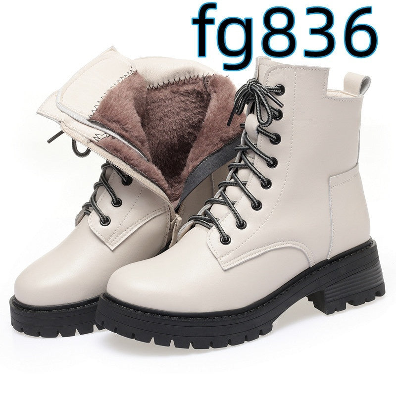 Zapatos casuales de piel de vaca con punta redonda, acolchados de algodón y cremallera lateral y tacón bajo para mujer