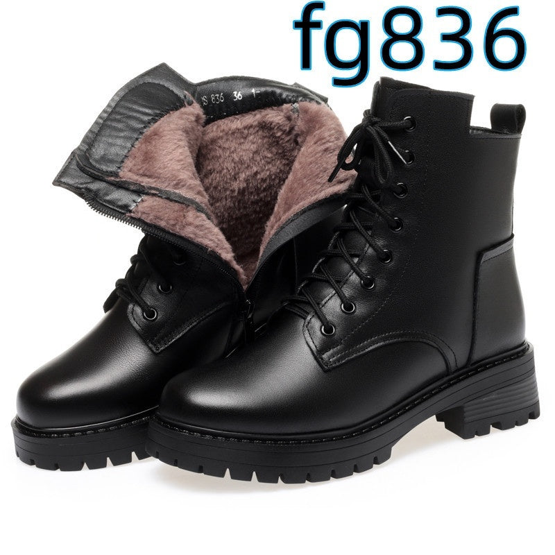 Zapatos casuales de piel de vaca con punta redonda, acolchados de algodón y cremallera lateral y tacón bajo para mujer