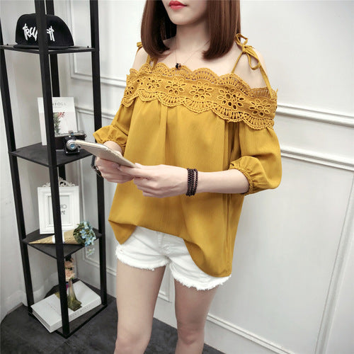 One Line Collar Off Shoulder Chiffon Shirt Women''s Korean Style