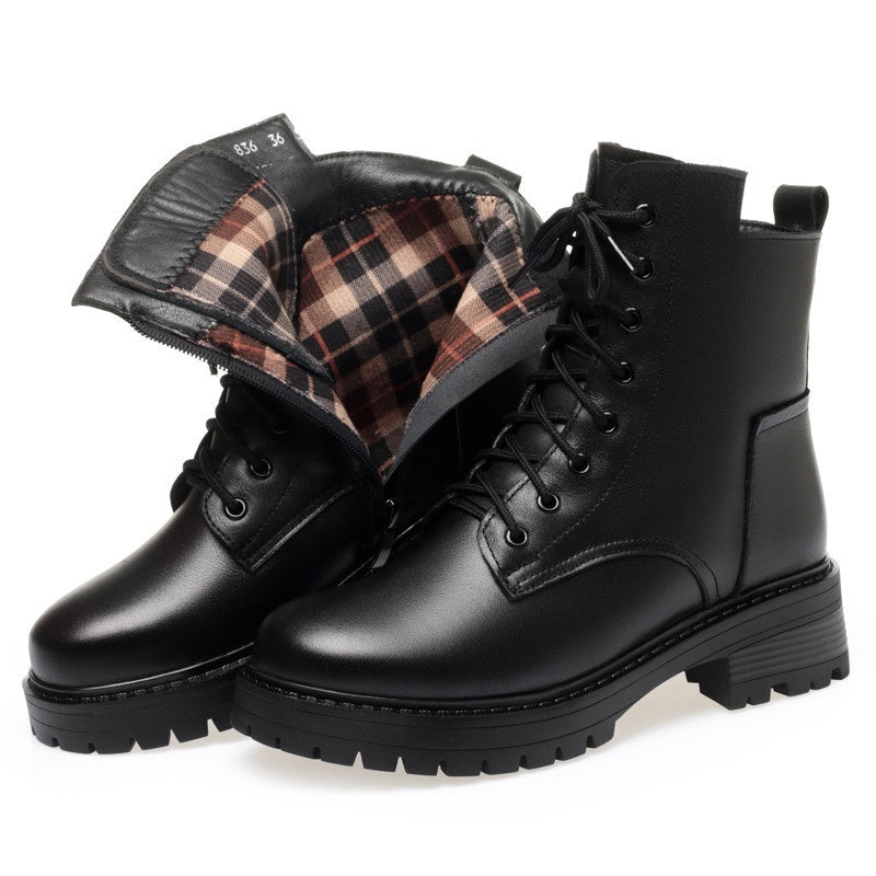 Zapatos casuales de piel de vaca con punta redonda, acolchados de algodón y cremallera lateral y tacón bajo para mujer