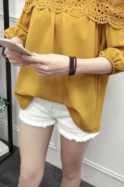 One Line Collar Off Shoulder Chiffon Shirt Women''s Korean Style