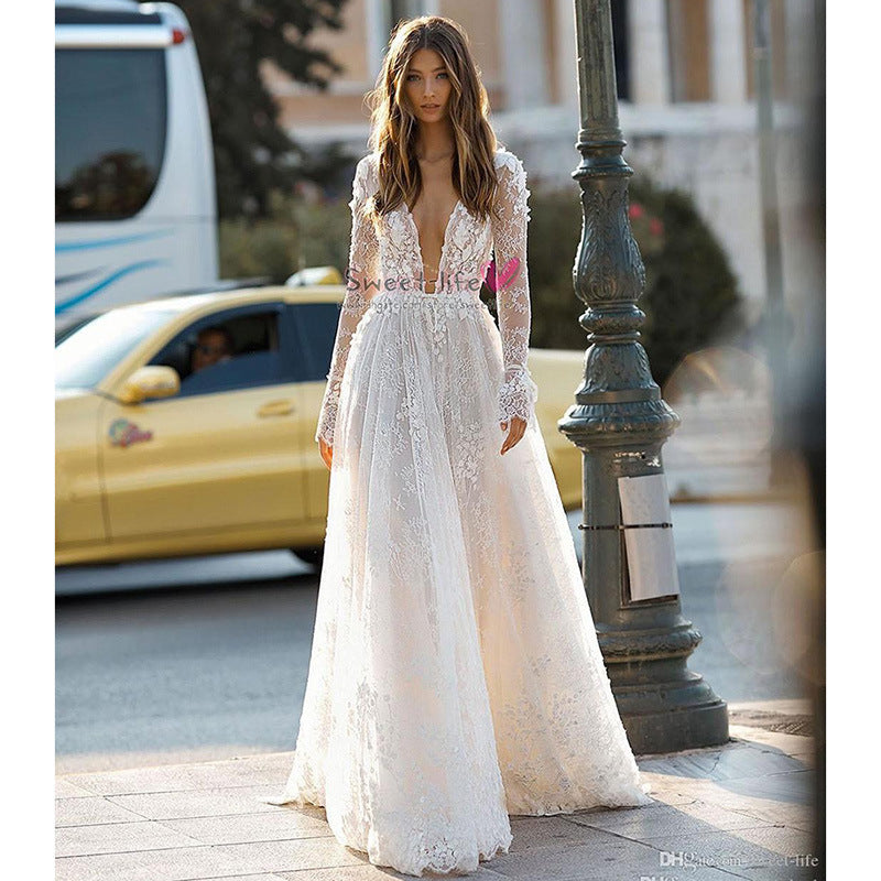 Damen Hochzeitskleid Spitze Langarm Dinner Party Kleid