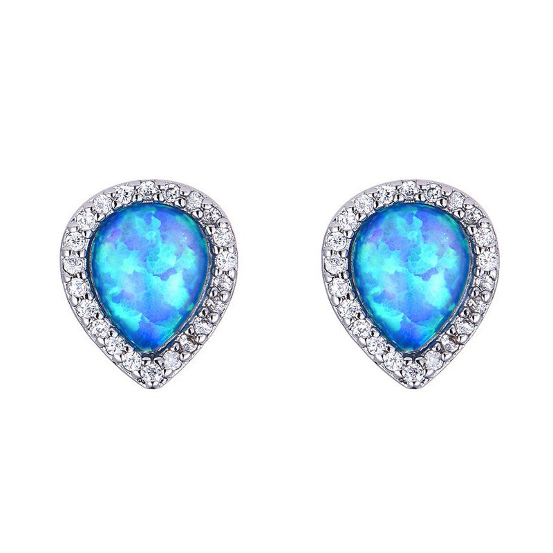 Women's Simple Drop Shape Blue Opal Stud Earrings