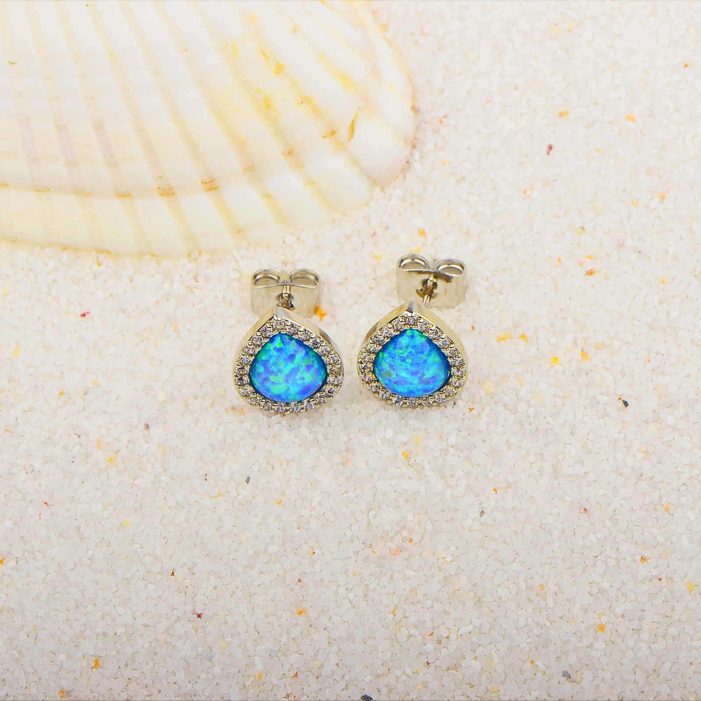 Women's Simple Drop Shape Blue Opal Stud Earrings
