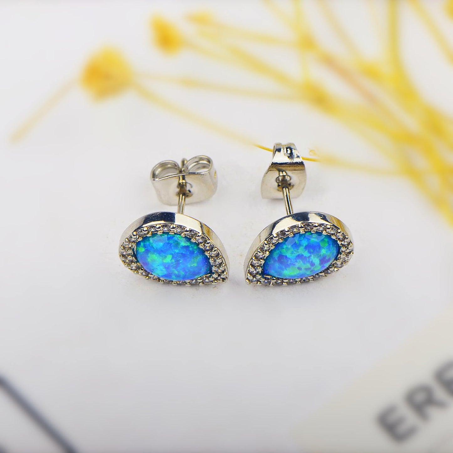 Women's Simple Drop Shape Blue Opal Stud Earrings