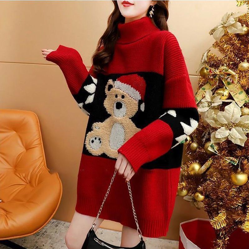 Weihnachtsrollkragenpullover Damen Mittellang