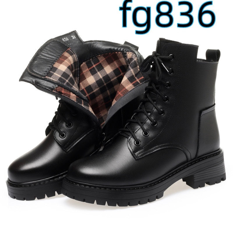 Zapatos casuales de piel de vaca con punta redonda, acolchados de algodón y cremallera lateral y tacón bajo para mujer