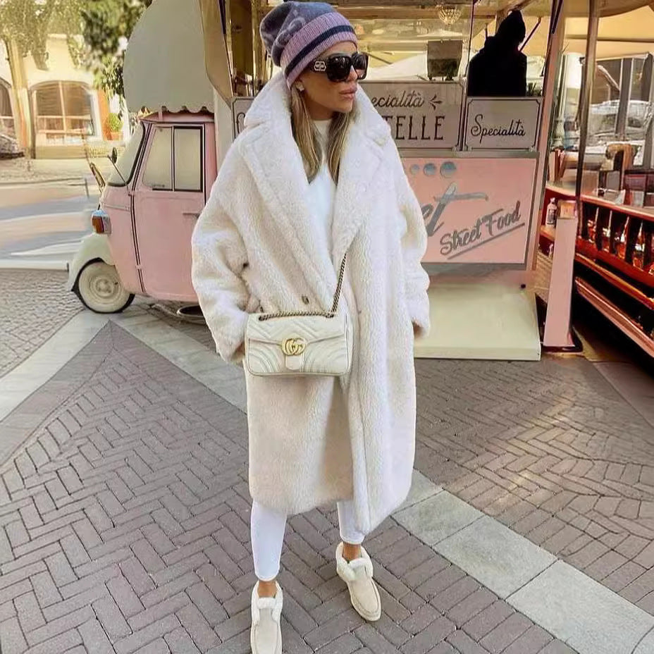Lapel Lamb Fleece Coat With Pockets Faux Fur Coat Winter