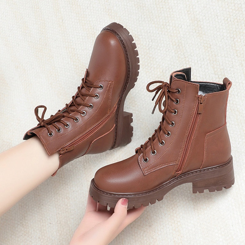Zapatos casuales de piel de vaca con punta redonda, acolchados de algodón y cremallera lateral y tacón bajo para mujer