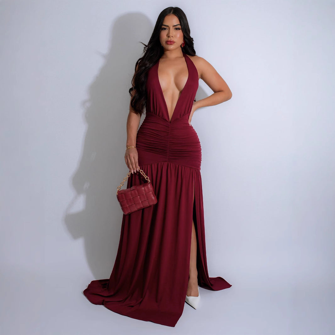 Europäisches und amerikanisches elegantes Neckholder-Kleid mit V-Ausschnitt, sexy, plissiertes, rückenfreies Kleid