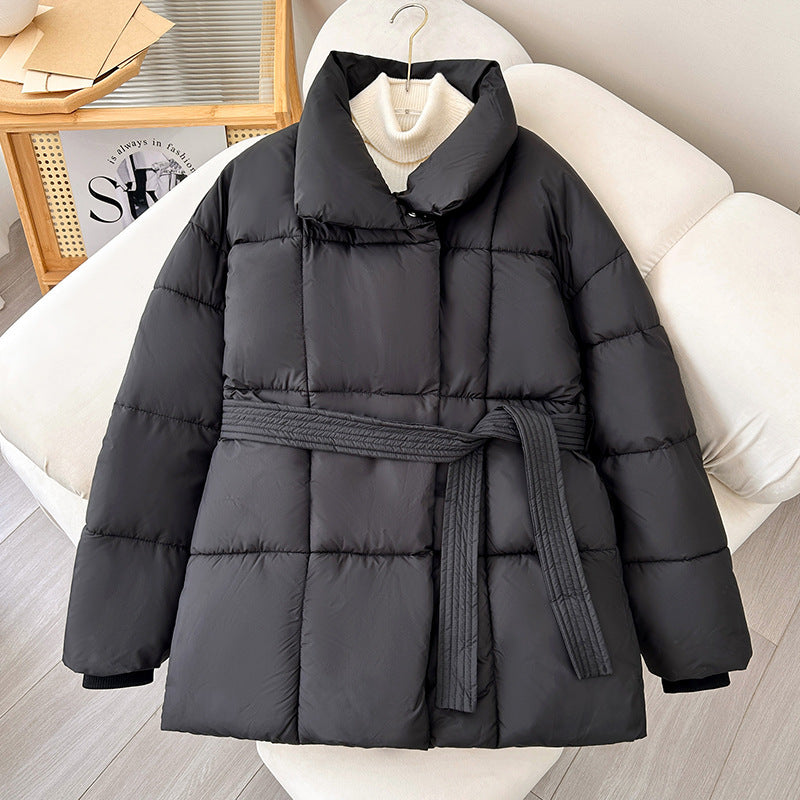 Winter Plaid Nähen Revers Mantel Mit Lace-up Design Mode Lose Solide