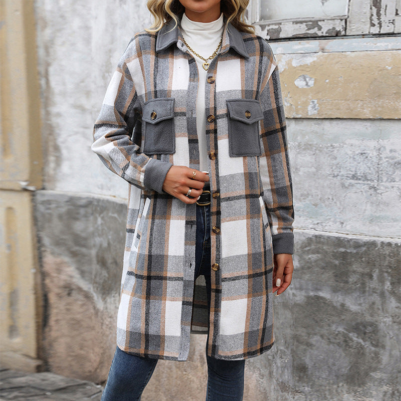 Neu Gebürstet Plaid Langen Mantel Mit Taschen Mode Winter