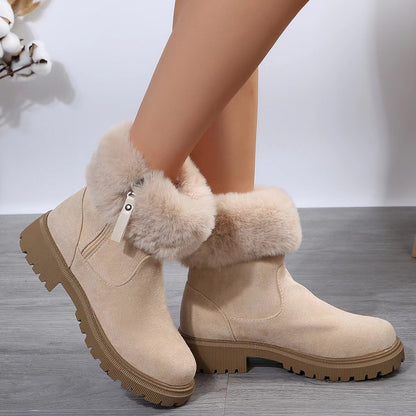 Botas de felpa cálidas, botas de nieve con cremallera lateral a la moda de invierno para mujer, zapatos de tacón bajo gruesos para exteriores