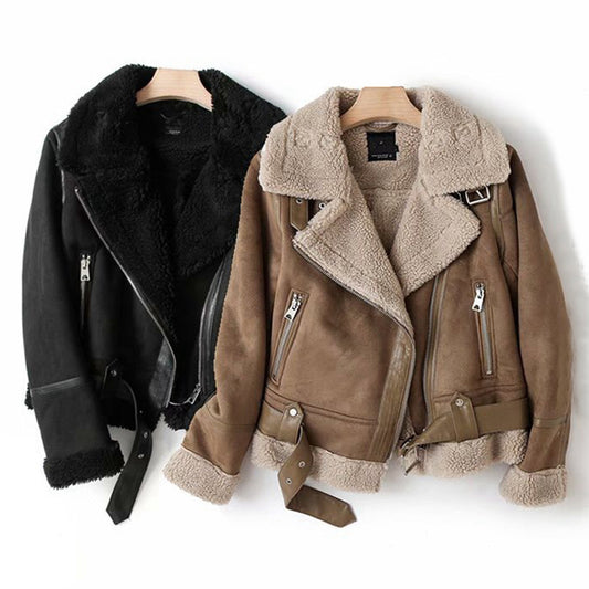 Chaqueta de invierno con solapa de ante y lana de cordero cálida
