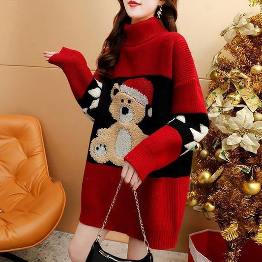 Weihnachtsrollkragenpullover Damen Mittellang