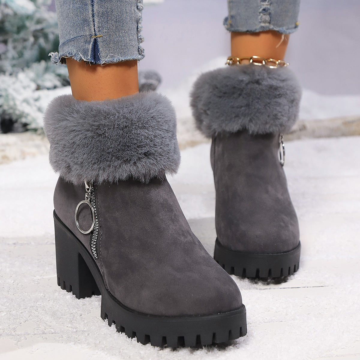 Botas cortas de mujer con tacón grueso, térmicas y engrosadas de terciopelo de nieve