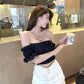 Xiyao Tibetan blue white short sleeve T-shirt women''s summer new pure desire style design sense one shoulder short vest top