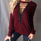 Large Size T Shirt Women Lace up Tops Bandage Long Sleeve V Neck Shirts