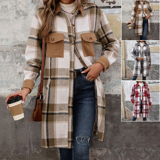 Nuevo abrigo largo de cuadros cepillados con bolsillos, moda de invierno