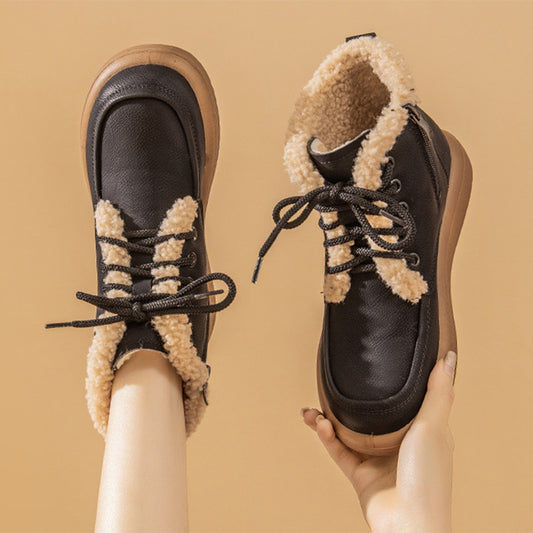 Botas de nieve de felpa con cordones, zapatos planos de forro polar cálidos de invierno para mujer, botines casuales de moda