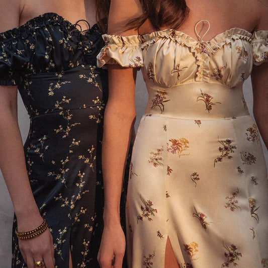 Schulterfreies Maxikleid mit Puffärmeln und Blumenmuster für Damen
