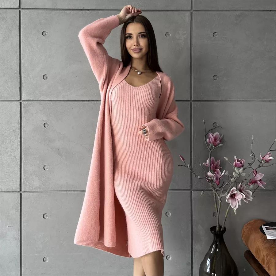 2pcs Knitted Suit Fashion Slim Sleeveless Long Dress