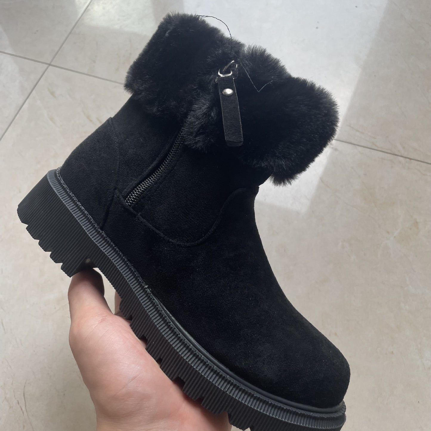 Botas de felpa cálidas, botas de nieve con cremallera lateral a la moda de invierno para mujer, zapatos de tacón bajo gruesos para exteriores