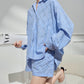 Women's Fashion Casual Blue Shirt Shorts Suit