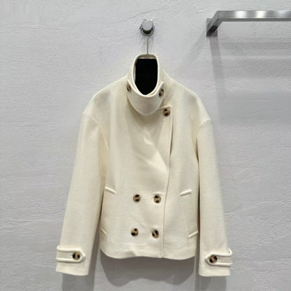 Elegant Stand Lapel Double Pocket Cashmere Short Jacket Coat
