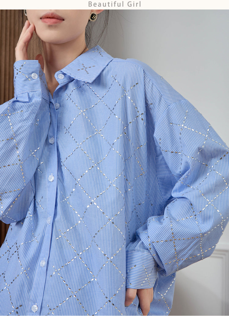 Women's Fashion Casual Blue Shirt Shorts Suit