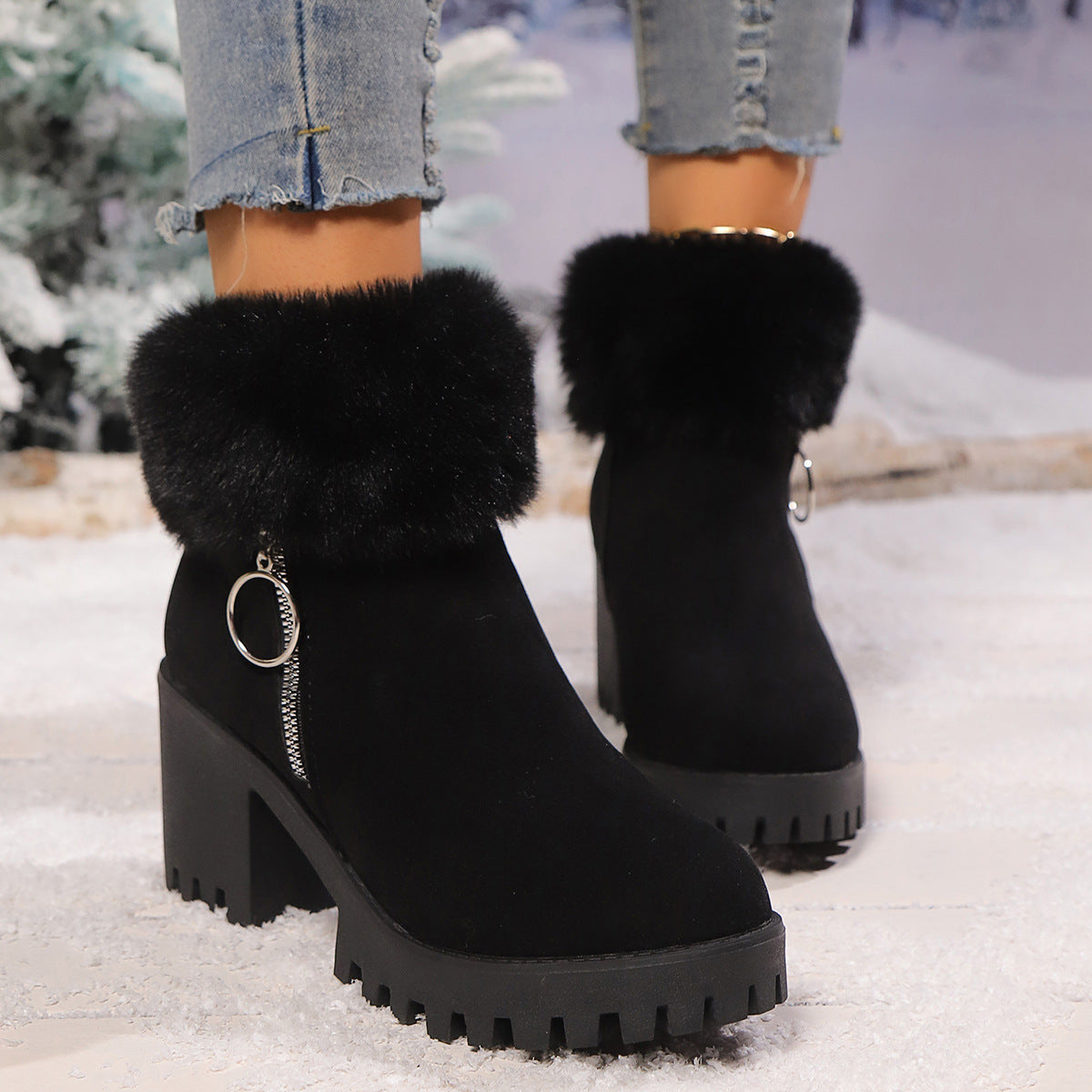 Botas cortas de mujer con tacón grueso, térmicas y engrosadas de terciopelo de nieve