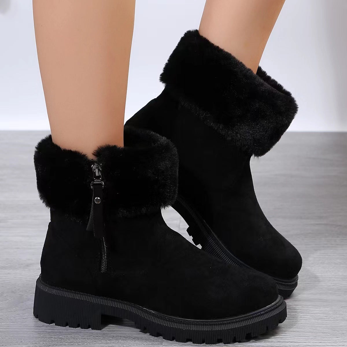 Botas de felpa cálidas, botas de nieve con cremallera lateral a la moda de invierno para mujer, zapatos de tacón bajo gruesos para exteriores