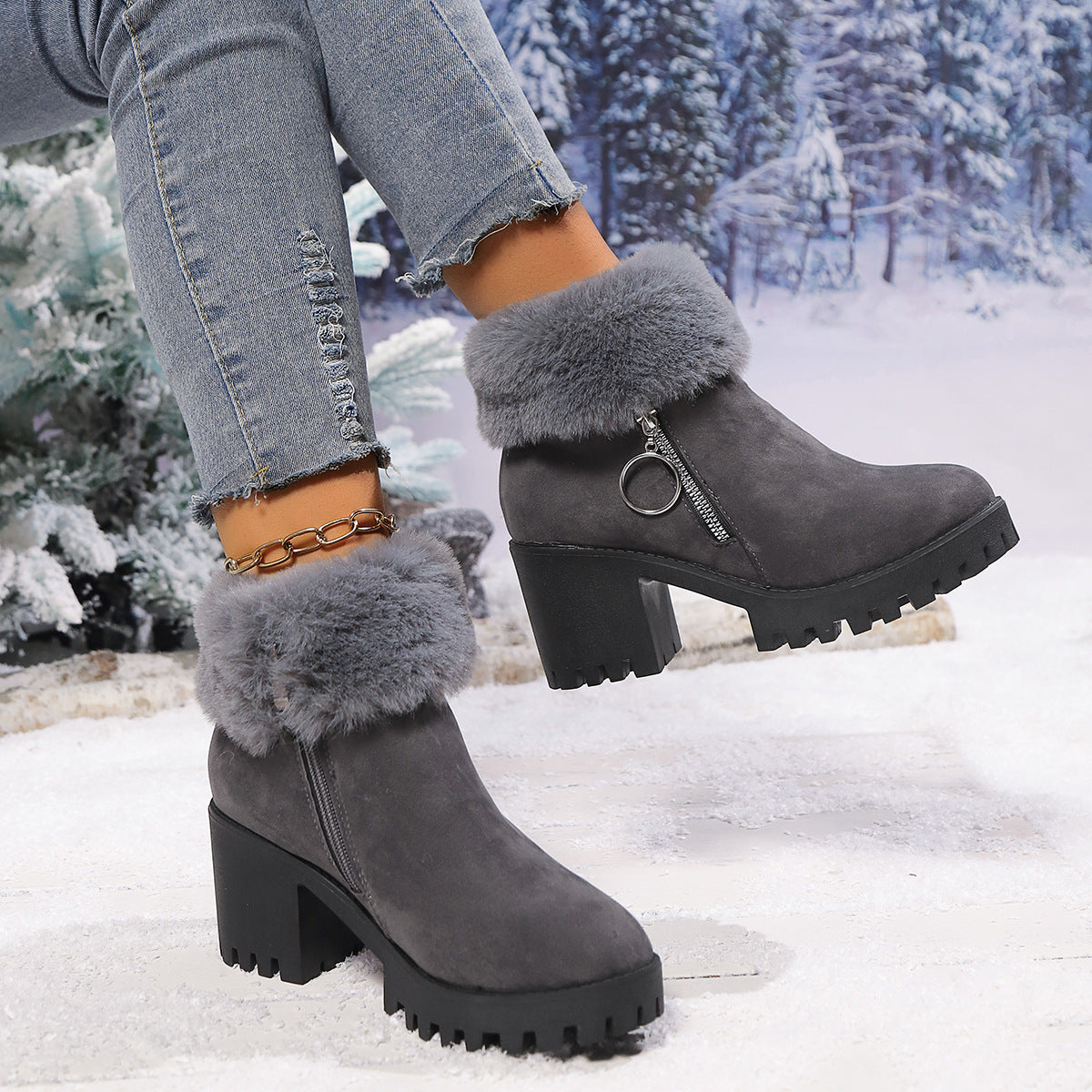 Botas cortas de mujer con tacón grueso, térmicas y engrosadas de terciopelo de nieve