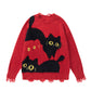 American Retro Plush Cat Ripped Tassel Design Sweater