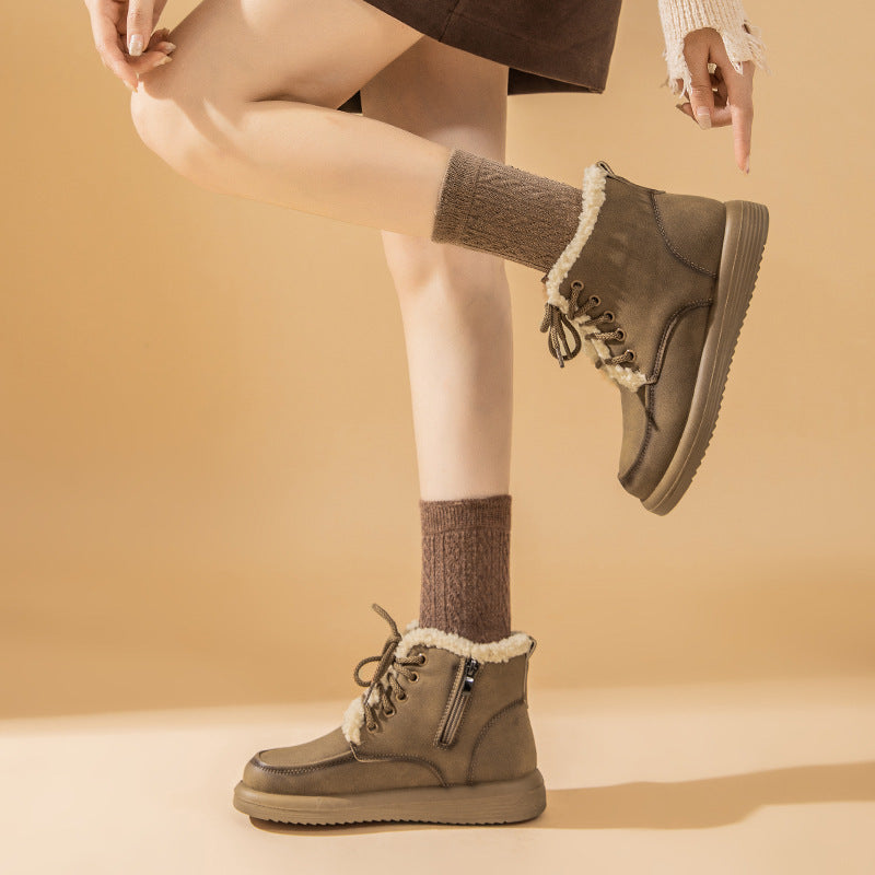 Botas de nieve de felpa con cordones, zapatos planos de forro polar cálidos de invierno para mujer, botines casuales de moda