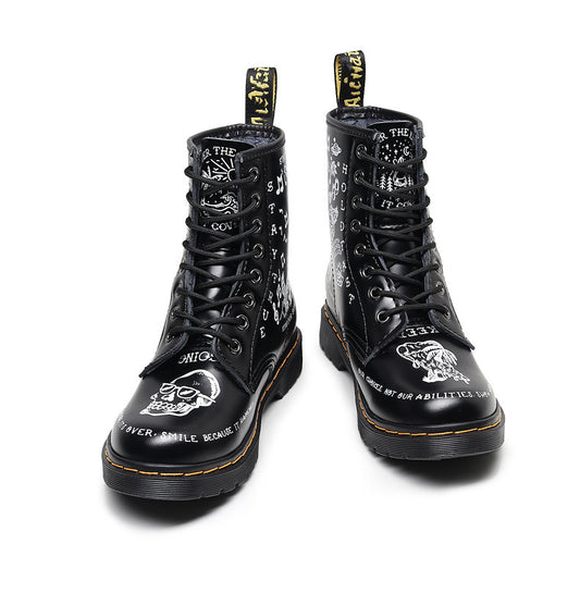 Botas de cuero duro personalizadas con calaveras para hombre y mujer, botas de cuero con grafiti, zapatos de moto con cabeza redonda