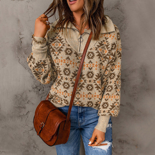 Suéter estampado estilo europeo y americano, holgado, de manga larga, con cremallera y cuello alto